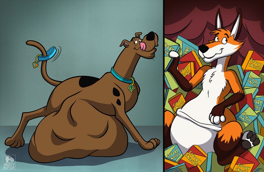 abdominal_bulge anthro belly big_belly duo feral feral_pred fully_inside inside_stomach internal licking licking_lips male male/male organs same_size_vore scooby_snacks stomach tongue tongue_out vore mightyraptor hanna-barbera scooby-doo_(series) nine_the_foxaroo scooby-doo canid canine canis domestic_dog fox great_dane mammal mastiff molosser