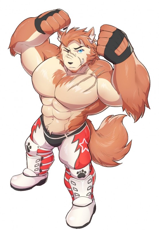 abs anthro biceps clothed clothing legwear male muscular muscular_anthro muscular_male pecs scar simple_background solo tights topless wrestler velk canid canine canis mammal red_wolf wolf 2019 digital_media_(artwork) hi_res