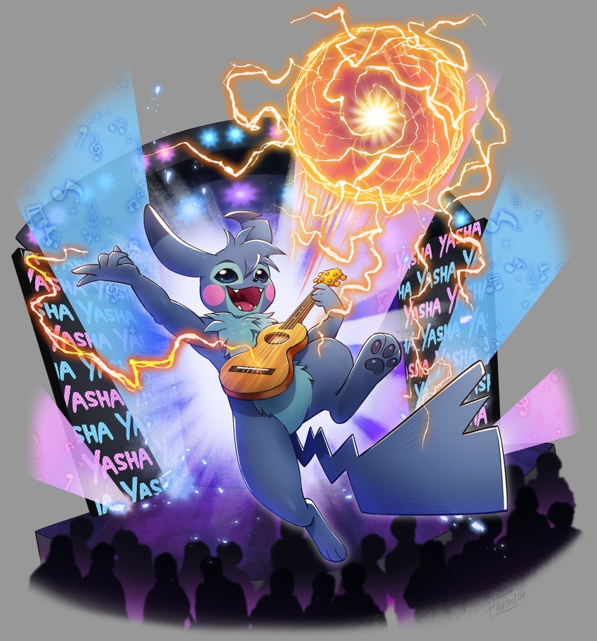 3_toes 5_fingers anthro audience biped black_nose blue_body blue_eyes blue_fur blue_pawpads concert energy featureless_crotch feet fingers fur g_clef group happy holding_musical_instrument holding_object holding_ukulele lute musical_clef musical_instrument musical_note musical_symbol notched_tail open_mouth open_smile pawpads pink_cheeks playing_music playing_ukulele plucked_string_instrument raised_leg smile stage string_instrument symbol text toes ukulele uvula haychel disney lilo_and_stitch nintendo pokemon fan_character stitchu alien ambient_human experiment_(lilo_and_stitch) generation_1_pokemon hybrid pikachu pokemon_(species) 2024 absurd_res hi_res