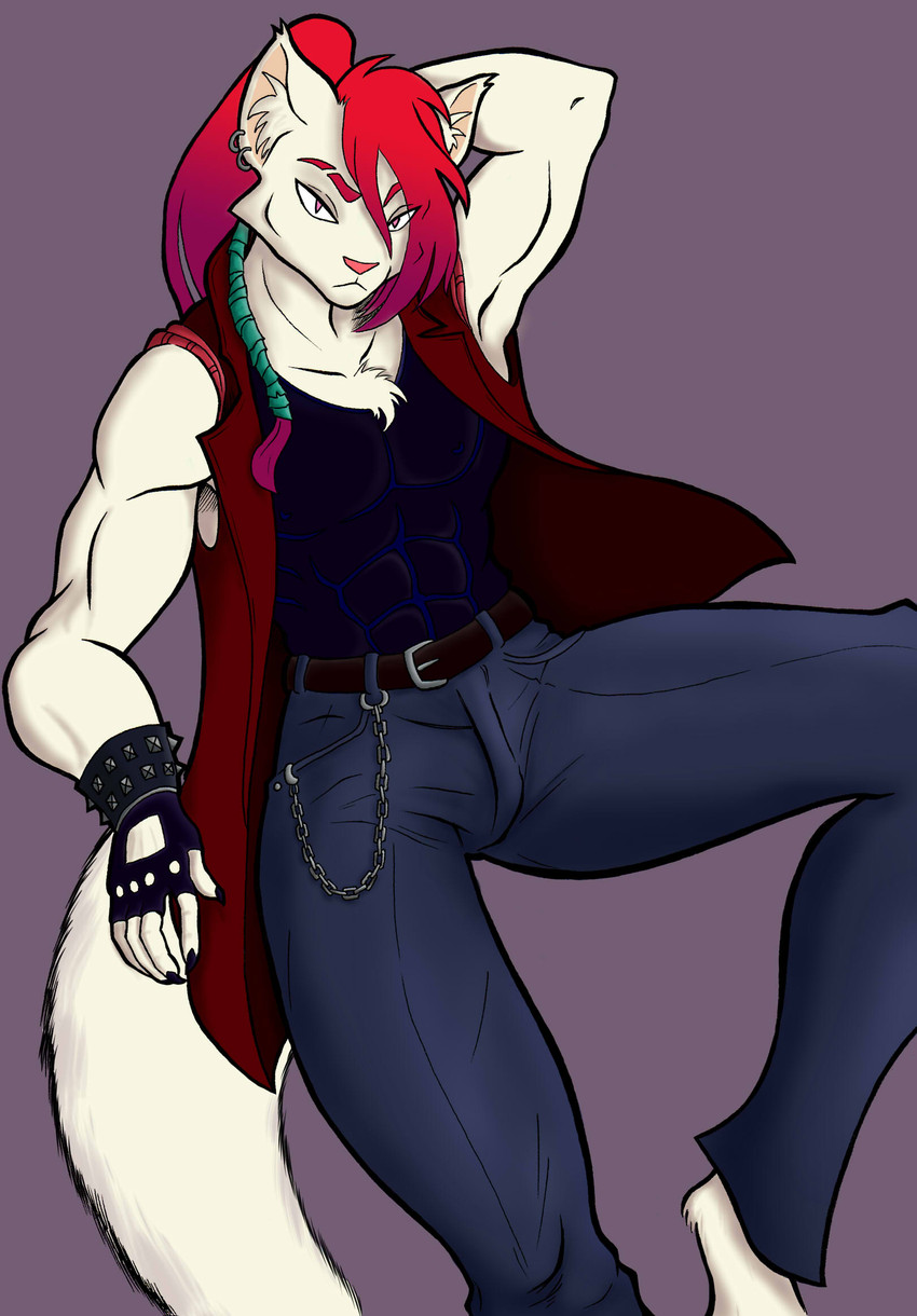 anthro belt bottomwear bracelet chest_tuft clothing colored_nails eyebrows fur gloves hair hand_on_head handwear inner_ear_fluff jacket jewelry keychain long_tail male manly mohawk muscular muscular_anthro muscular_male nails pants piercing pupils red_eyebrows red_eyes red_hair serious_face simple_background sleeveless_shirt slit_pupils solo spiked_bracelet spikes tail topwear tuft white_body white_fur alice_lupin arthur_tsukino domestic_cat felid feline felis mammal hi_res