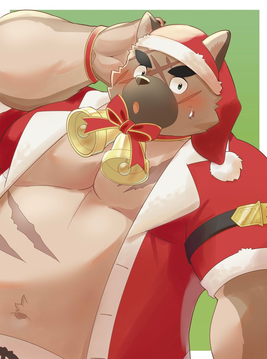 anthro black_nose blush brown_body christmas_clothing christmas_headwear clothed clothing hat headgear headwear holidays humanoid_hands kemono male overweight overweight_male santa_hat scar simple_background solo amidasuke christmas lifewonders tokyo_afterschool_summoners yasuyori_(tas) canid canine canis domestic_dog mammal 2023 absurd_res hi_res