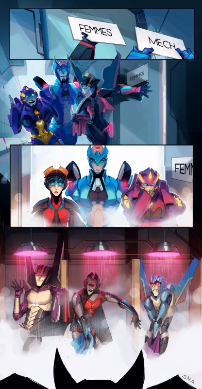 aircraft airplane angry blue_eyes breasts embarrassed eyebrows female group humor jet lips machine makeup male not_furry nude open_mouth raised_arm raised_eyebrow red_eyes shower shower_room smile smirk standing surprise teeth text towel vehicle wet wings anadapta hasbro takara_tomy transformers chromia nautica skywarp starscream thundercracker windblade cybertronian humanoid living_aircraft living_machine living_vehicle robot seeker_(transformers) comic digital_media_(artwork) english_text hi_res