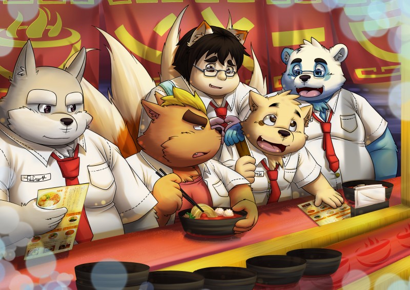 anthro clothing eyewear food glasses group kemono male narutomaki noodles obese overweight ramen restaurant school_uniform sitting uniform aotoaka purplepalepie mekko_rarekko buchi fukami_youhei yamano_taishou bear canid canine canis domestic_dog mammal polar_bear ursine 2017 absurd_res hi_res