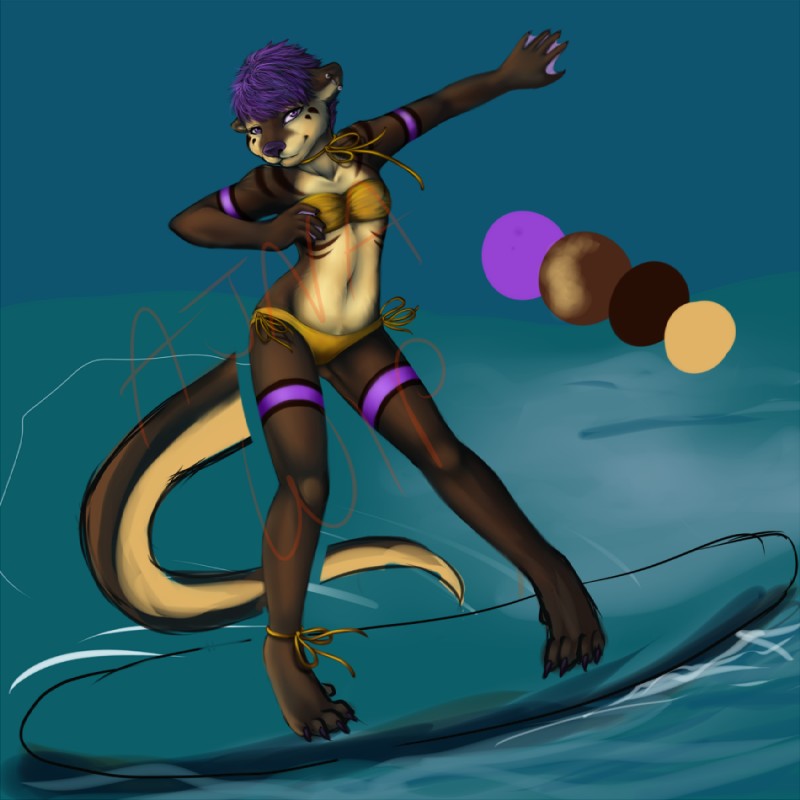 anthro bikini clothed clothing female hair looking_at_viewer outside piercing purple_eyes purple_hair short_hair skimpy solo surfboard surfer surfing swimwear tail two-piece_swimsuit vehicle watercraft ajna cj_(ajna) mammal mustelid otter 1:1 unfinished