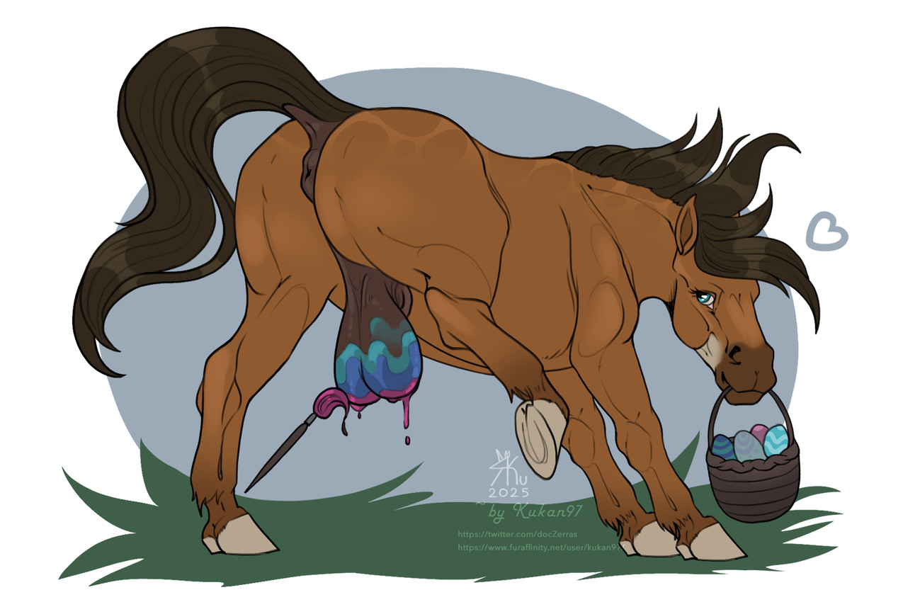 animal_genitalia anus balls basket big_balls blue_eyes bodypaint brown_body brown_hair brown_mane brown_tail brush container easter_balls egg equine_anus feral genitals hair heart_symbol holidays hooves huge_balls looking_at_viewer male male_feral mane paintbrush painted_balls presenting_balls puffy_anus raised_leg raised_tail saggy_balls sheath simple_background solo tail text kukan97 easter dolero equid equine horse mammal 2025 3:2 artist_name dated digital_media_(artwork) english_text hi_res