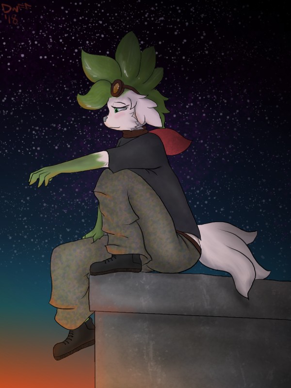 anthro anthrofied detailed_background eyewear female goggles night outside pokemorph rooftop solo star sunset dunewulff nintendo pokemon grace_mustang generation_4_pokemon legendary_pokemon pokemon_(species) shaymin sky_forme_shaymin 3:4 hi_res