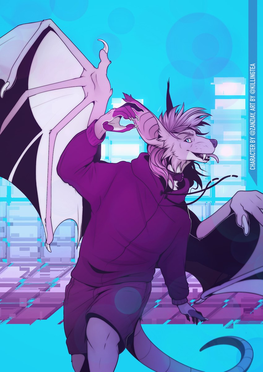 anthro clothed clothing dancing female fluffy fur hair male membrane_(anatomy) membranous_wings open_mouth simple_background smile solo spread_wings teeth tongue tongue_out wings zanziay killingtea bat mammal digital_media_(artwork) hi_res