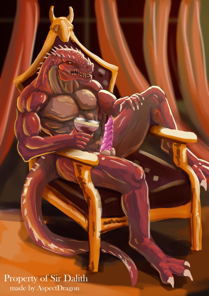 3_toes anthro blue_eyes chair claws container cup drinking_glass erection feet finger_claws furniture genitals glass glass_container glass_cup hand_on_leg hand_on_thigh head_spikes horn male multicolored_body muscular muscular_male nude open_mouth penis pink_penis pose red_body red_scales regal ribbed_penis scales sharp_teeth sitting solo spiked_tail spikes spikes_(anatomy) tail teeth text throne toe_claws toes two_tone_body wine_glass yellow_body yellow_scales yellow_underbelly aspectdragon mythology dalith_(sir_dalith) dragon mythological_creature mythological_scalie scalie absurd_res english_text hi_res