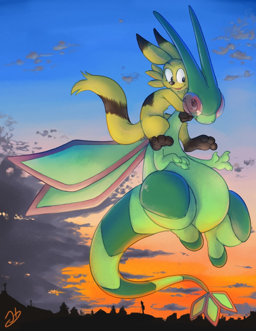 anthro duo feral flying hug male male/male sky skyscape suburbs sunset stormdragonblue nintendo pokemon flurret flygon generation_3_pokemon pokemon_(species) 2023 absurd_res colored hi_res