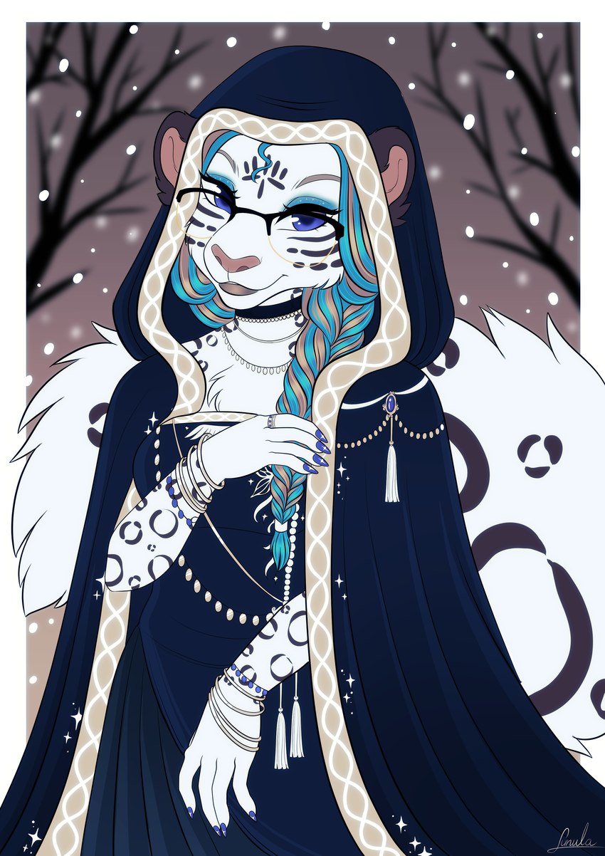 anthro blue_eyes cloak clothed clothing dress eyewear female glasses grey_hair hair highlights_(coloring) jewelry makeup ring snow solo wearing_glasses kinkypeach titania_(chromatic_bard) felid mammal pantherine snow_leopard absurd_res hi_res trans_(lore) trans_woman_(lore)