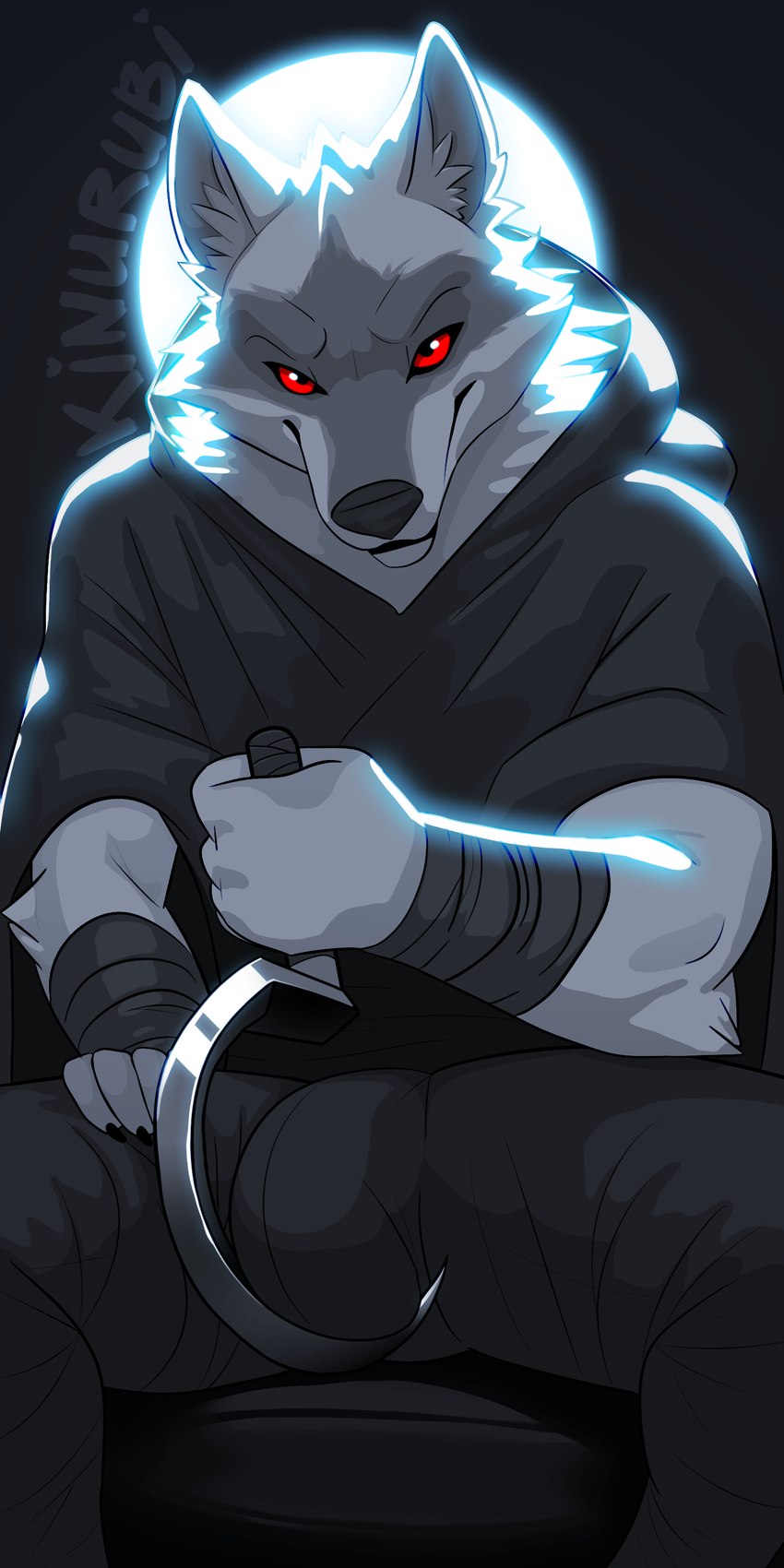 anthro arm_wrapping arm_wraps backlighting biped black_clothing bottomwear bulge cheek_tuft claws cloak clothed clothing facial_markings facial_tuft fingers fluffy full_moon fully_clothed fur fuzzy genital_danger_play glowing grey_body grey_fur hand_on_leg head_markings holding_melee_weapon holding_object holding_weapon inner_ear_fluff knife_play light looking_at_viewer male male_anthro markings mask_(marking) melee_weapon moon neck_tuft pants poncho presenting red_eyes seductive sickle_sword sitting smile solo spread_legs spreading tuft weapon wrapped_arms wraps wrist_wraps kinurubi dreamworks puss_in_boots_(franchise) death_(puss_in_boots) canid canine canis mammal wolf 1:2 2024 absurd_res hi_res lighting signature