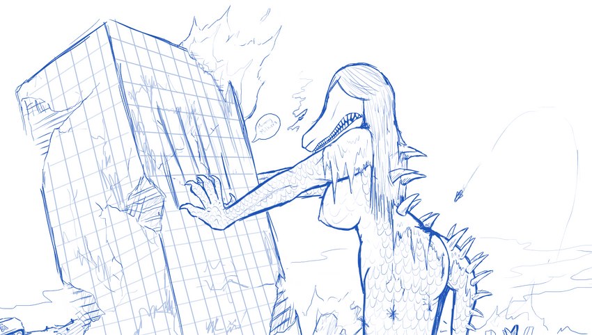 anthro areola back_spikes bared_teeth breasts building building_destruction burning_building city claw_marks claws destruction dialogue eyeless female fire hair long_hair macro missile nipples nude offscreen_character outside scales scorch_mark solo speech_bubble spiked_tail spikes spikes_(anatomy) tail text holemann scp_foundation background_character scp-682 mammal reptile scalie blue_and_white digital_drawing_(artwork) digital_media_(artwork) english_text hi_res monochrome