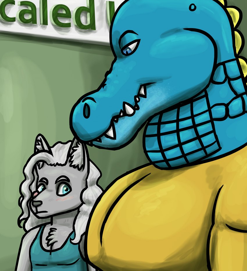 anthro black_nose blue_body blue_clothing blue_eyes blue_scales blue_shirt blue_tank_top blue_topwear blush bulging_neck chest_tuft clothing duo eyebrows fangs fur green_wall grey_body grey_fur grey_hair hair hair_over_shoulder half-closed_eyes inner_ear_fluff interspecies large_pecs larger_male looking_at_another looking_at_partner looking_down male male/male multicolored_body multicolored_scales muscular muscular_anthro muscular_male narrowed_eyes orange_clothing orange_shirt orange_topwear pecs pupils scales scutes shirt sign size_difference slit_pupils smaller_male snout tank_top teeth topwear tuft wall_(structure) wavy_hair yellow_scutes skywater girl_staring_at_man's_chest azrael_(tertia) nathile_tiduna alligatorid azurlligator canid canine canis crocodilian mammal reptile scalie wolf 2023 digital_drawing_(artwork) digital_media_(artwork) hi_res