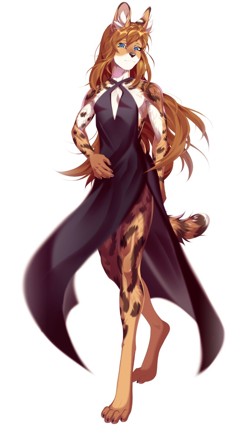 anthro blue_eyes clothed clothing countershade_face countershade_fur countershade_torso countershading crossdressing dress femboy fur hair long_hair male simple_background solo standing white_background rokito emile_(fuzzylolipop) felid feline mammal serval absurd_res digital_media_(artwork) hi_res shaded