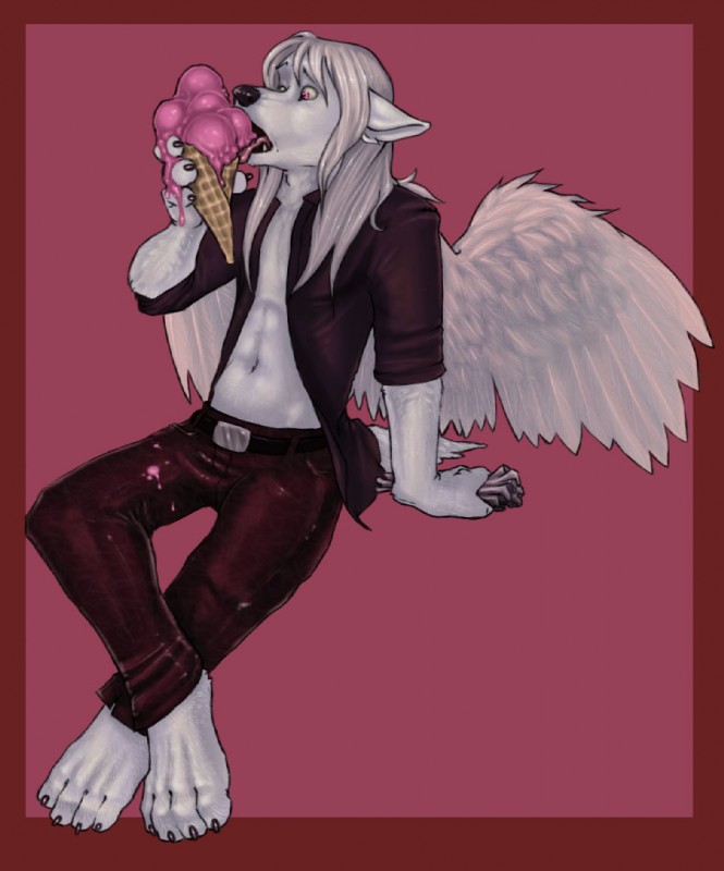 anthro biped clothed clothing dessert feathered_wings feathers food hair ice_cream licking male messy open_clothing open_shirt open_topwear pink_eyes shirt sitting solo tongue tongue_out topwear white_hair wings voondahbayosh zasha canid canine canis jackal mammal wolf