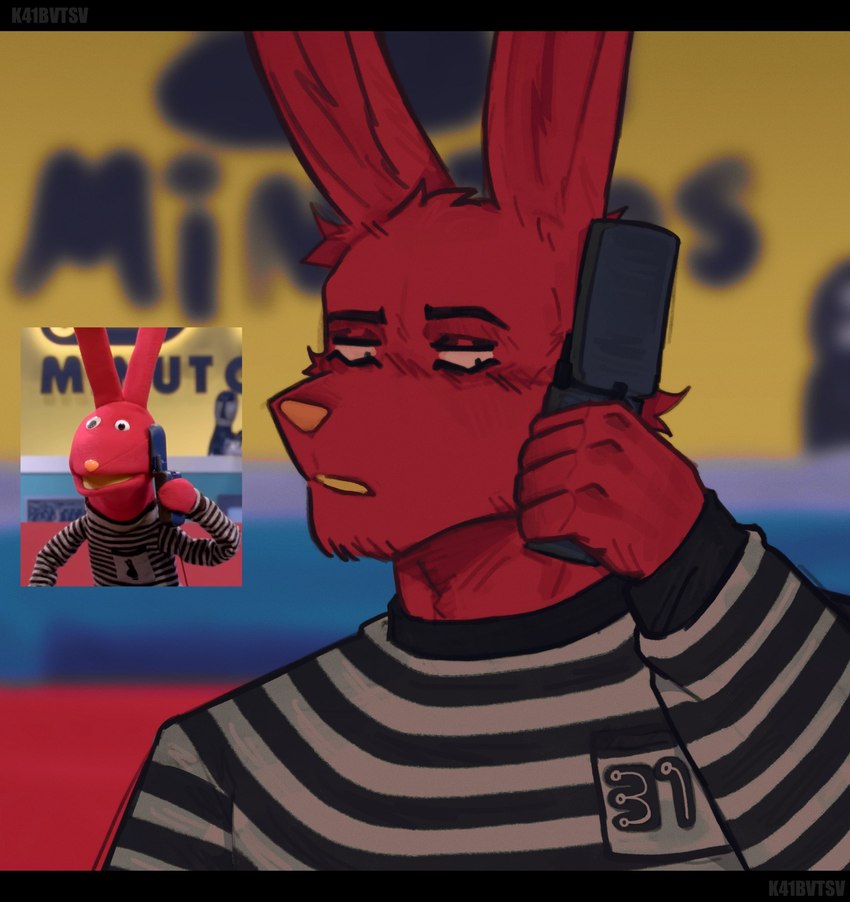 anthro anthrofied black_bars black_eyes calling clothing electronics facial_hair fur holding_object holding_phone male pattern_clothing pattern_topwear phone red_body red_fur solo striped_clothing stripes topwear k41bvtsv 31_minutos juan_carlos_bodoque lagomorph leporid mammal rabbit 2024 digital_media_(artwork) hi_res letterbox reference_image