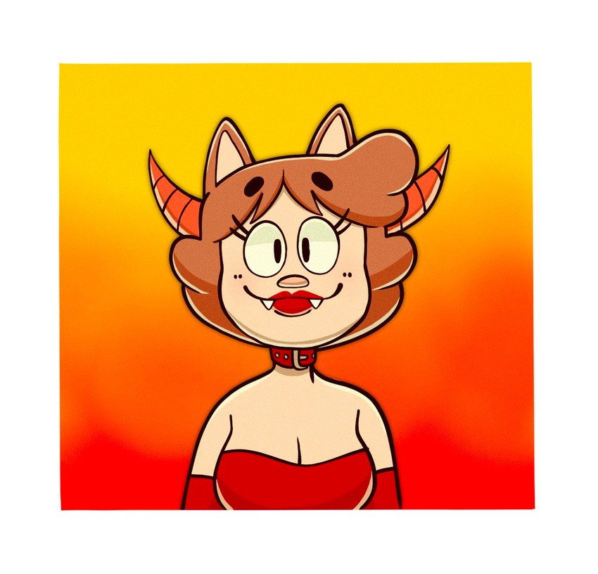 accessory anthro clothed clothing female hair horn lipstick looking_at_viewer makeup short_hair simple_background smile solo creator_ant amy_(creator_ant) domestic_cat felid feline felis mammal hi_res