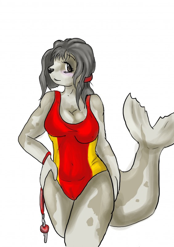 blush breasts camel_toe cleavage clothed clothing female hand_on_hip lifeguard looking_at_viewer one-piece_swimsuit simple_background solo swimwear tail white_background kaeaskavi fenja mammal marine pinniped seal absurd_res hi_res