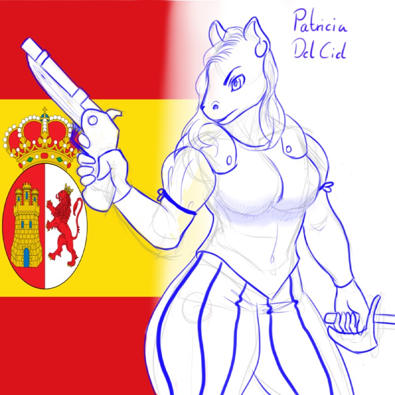 anthro armor clothing female flag gun handgun melee_weapon pistol ranged_weapon solo spain spanish_flag weapon blackbetty equid equine horse mammal 1:1