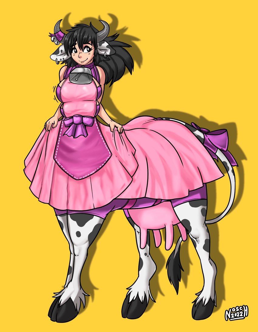 4_breasts accessory bell black_hair breasts breasts_and_teats clothing collar cowbell dress ear_piercing ear_ring female fur furgonomics hair hooves horn horn_accessory horn_bell looking_aside markings multi_breast piercing pink_clothing pink_dress ribbons ring_piercing simple_background smile solo spots spotted_body tail tail_accessory tail_ribbon teats udders white_body white_fur yellow_background nosch bovid bovid_taur bovine bovine_taur cattle cattle_taur humanoid mammal mammal_taur taur 2022 hi_res