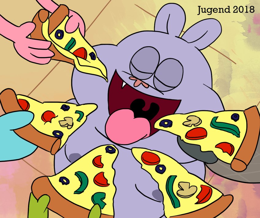 4_fingers anthro eyes_closed fangs female fingers food food_fetish fur group male moobs nipples open_mouth outside pizza purple_body purple_fur slightly_chubby slightly_chubby_male teeth tongue uvula jugend cartoon_network chowder_(series) chowder panini_(chowder) bear domestic_cat felid feline felis hybrid lagomorph leporid mammal rabbit 2018