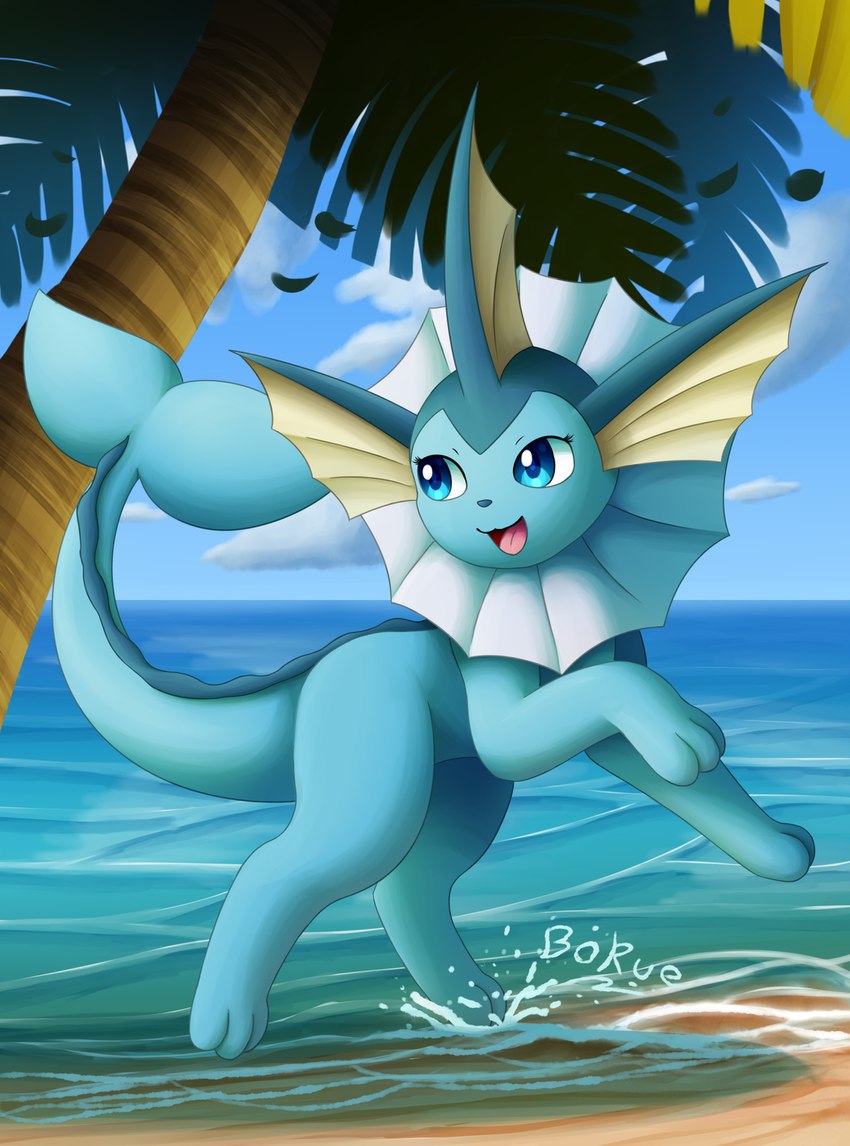 beach blue_body blue_eyes blue_skin blue_sky cloud day detailed_background dorsal_fin ear_fins eyelashes falling_leaves female feral fin flukes frill_(anatomy) happy head_fin horizon leaf long_tail looking_away looking_back nature open_mouth outside palm_tree paws plant quadruped running sand sea seaside sky small_nose smile solo splash tail tail_fin text thick_tail tongue tree water bokurei nintendo pokemon eeveelution generation_1_pokemon pokemon_(species) vaporeon 2020 artist_name digital_media_(artwork) digital_painting_(artwork) hi_res