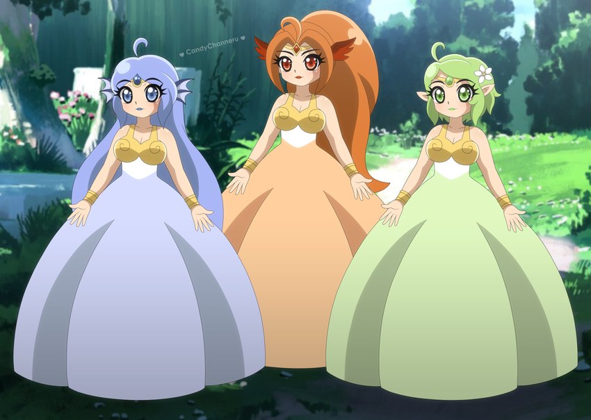 bracelet candy-channeru ear_fins feather_ear female fin gold_(metal) gold_bracelet gold_jewelry gown group hair jewelry long_hair pointy_ears ponytail short_hair trio nintendo the_legend_of_zelda din farore nayru deity humanoid absurd_res hi_res