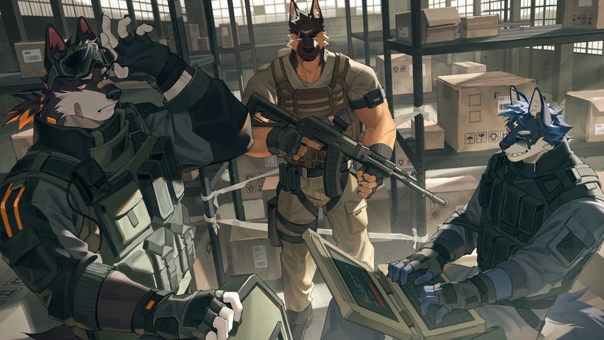 anthro armband assault_rifle ballistic_shield bandage bandage_on_face bandage_on_nose biceps blue_body blue_fur boots bottomwear box brown_body brown_bottomwear brown_clothing brown_fur brown_pants bulletproof_vest claws clothing computer container electronics eye_scar eyewear facial_scar finger_claws footwear fur goggles green_eyes group gun highlights_(coloring) holding_gun holding_object holding_ranged_weapon holding_rifle holding_shield holding_weapon laptop light looking_at_computer looking_at_laptop looking_at_object looking_at_viewer male military multicolored_body multicolored_fur orange_body orange_eyes orange_fur orange_highlights pants ranged_weapon red_eyes rifle scar shelf shield shoes soldier sunlight tactical_gear trio two_tone_body two_tone_fur typing warehouse warrior weapon white_body white_fur hishxwxba8zkidc mgg_(character) canid canine canis domestic_dog german_shepherd herding_dog mammal pastoral_dog wolf 16:9 2023 absurd_res hi_res widescreen