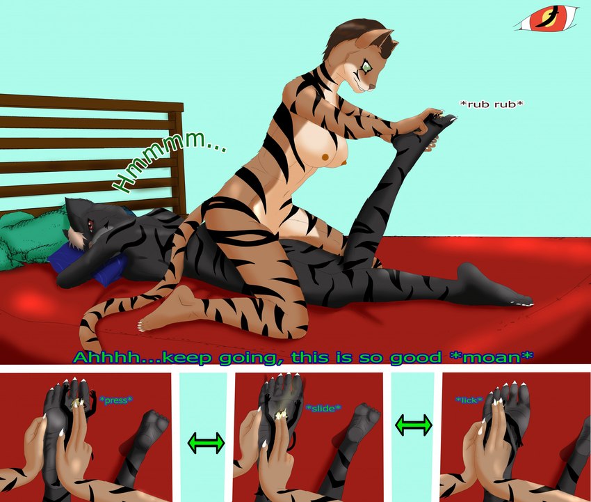 anthro bed extreme_size_difference feet female foot_focus furniture group humanoid_feet knuddelt_baeren macro male massage micro plantigrade pose pressed_against prone_position sit_on_person sitting_on size_difference soles stripes toes trio blackreaper_bk201 microsoft the_elder_scrolls schnurrt_beim_knuddeln felid khajiit mammal hi_res pinup