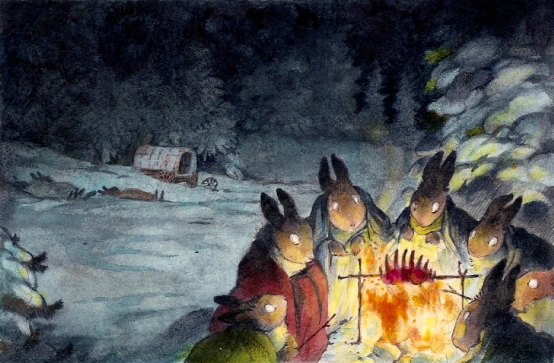 ambiguous_gender camp cannibalism crowd detailed_background fire food forest group meat night outside plant snow tree vehicle wagon winter wood louvelex lagomorph leporid mammal rabbit traditional_media_(artwork)