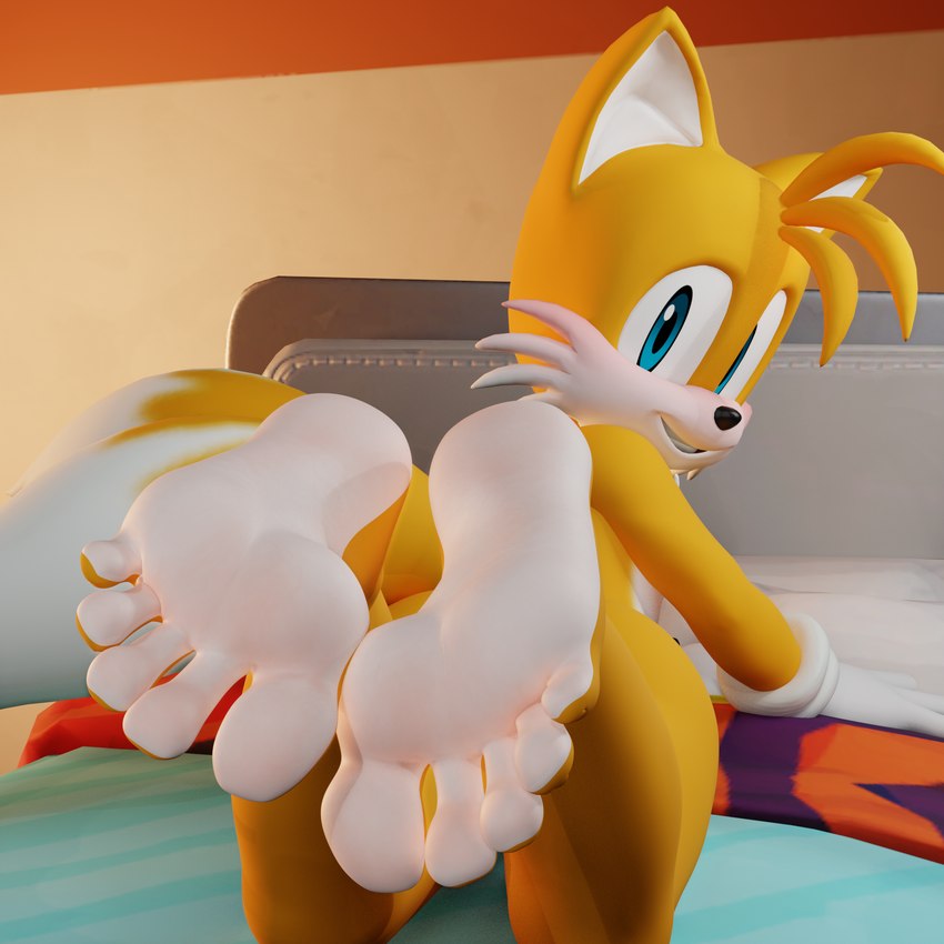 5_toes anthro bed feet foot_focus furniture humanoid_feet looking_at_viewer looking_back lying male on_front plantigrade solo toes twintails3d sega sonic_the_hedgehog_(series) miles_prower canid canine fox mammal 1:1 3d_(artwork) digital_media_(artwork) hi_res