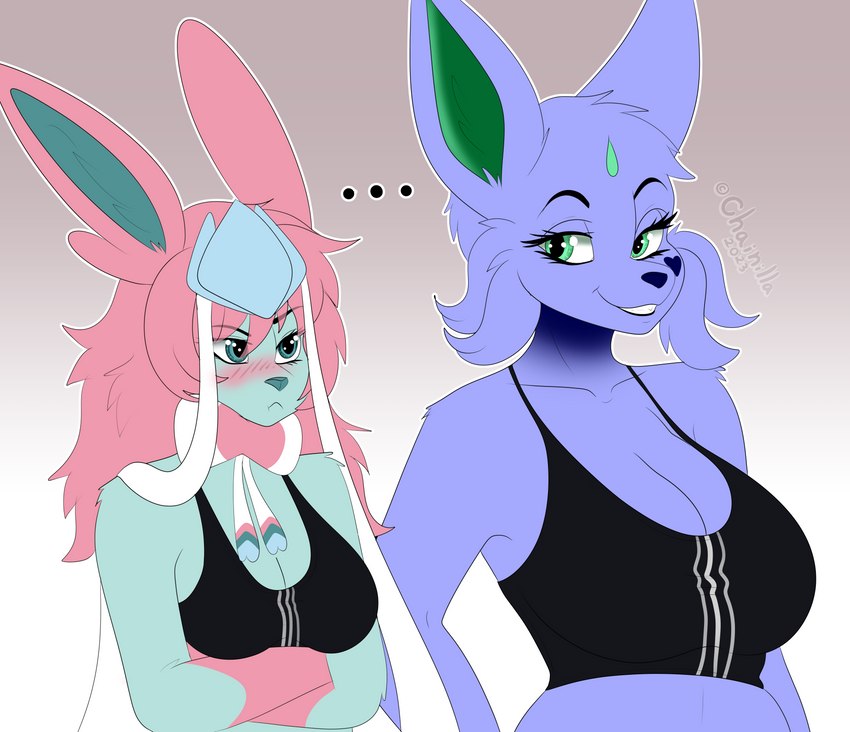 anthro blue_body blue_eyes blue_fur bow_ribbon breast_size_difference breasts clothed clothed_anthro clothed_female clothing eyebrows eyelashes female female_anthro fur green_body green_eyes green_fur hair medium_breasts pink_hair purple_body purple_fur chainilla meme_clothing nintendo pokemon sports_bra_difference_meme eeveelution espeon generation_2_pokemon generation_4_pokemon generation_6_pokemon glaceon pokemon_(species) sylveon absurd_res hi_res meme