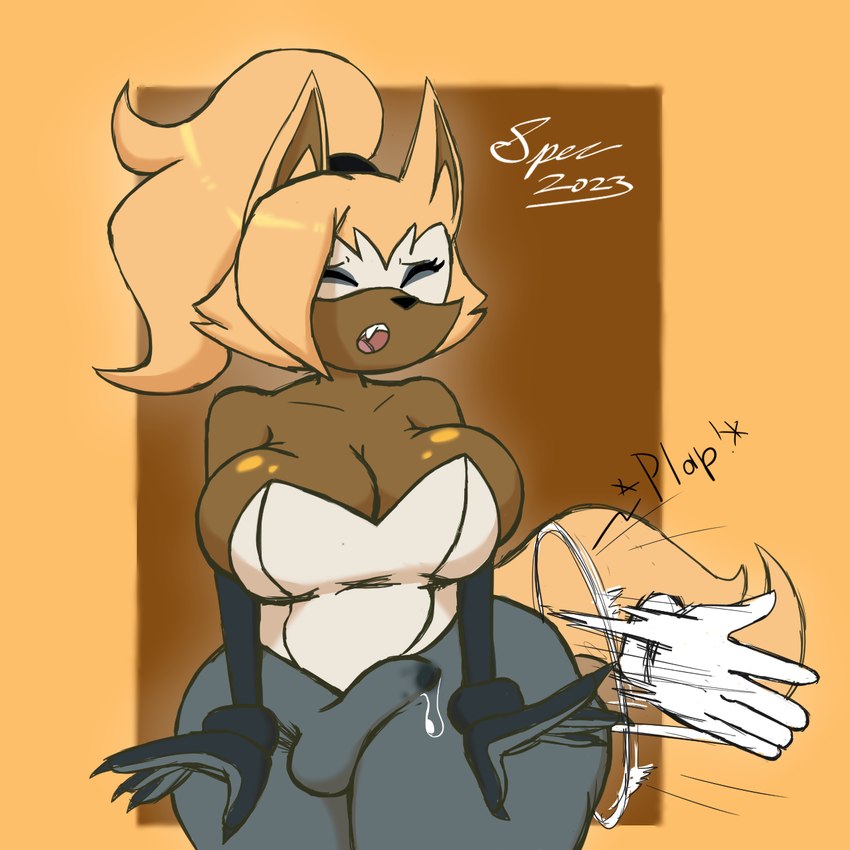 anthro balls_outline big_breasts black_nose bodily_fluids bottomwear breasts brown_body brown_fur brown_inner_ear bulge butt_slap cleavage cleavage_overflow clothed clothing collarbone cute_fangs detailed_bulge disembodied_hand eyelashes eyes_closed facial_markings fangs fur genital_fluids genital_outline gynomorph hair head_markings intersex markings open_mouth pants penis_outline pink_tongue ponytail precum precum_through_clothing slap solo spanking teeth teeth_showing text thick_thighs tied_hair tongue topwear tube_top wet wet_clothing wide_hips yellow_body yellow_ears yellow_fur spectatostudios idw_publishing sega sonic_the_hedgehog_(comics) sonic_the_hedgehog_(idw) sonic_the_hedgehog_(series) whisper_the_wolf canid canine canis mammal wolf 1:1 2023 artist_name hi_res watermark