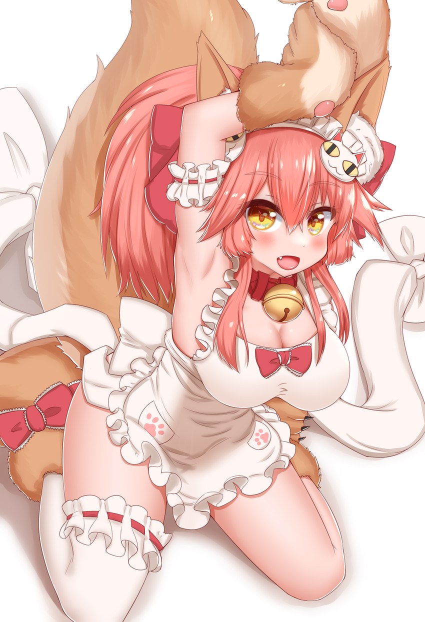 bell big_breasts blush breasts brown_body brown_fur cleavage clothed clothing cute_fangs fangs female female_humanoid footprint frilly frilly_clothing fur hair jingle_bell kneeling looking_at_viewer open_mouth pawprint pink_hair solo tan_body tan_fur teeth tongue yellow_eyes horokusa0519 fate_(series) type-moon berserker_tamamo_cat caster_tamamo-no-mae animal_humanoid cat_humanoid felid felid_humanoid feline feline_humanoid humanoid mammal mammal_humanoid 2021 digital_media_(artwork) hi_res