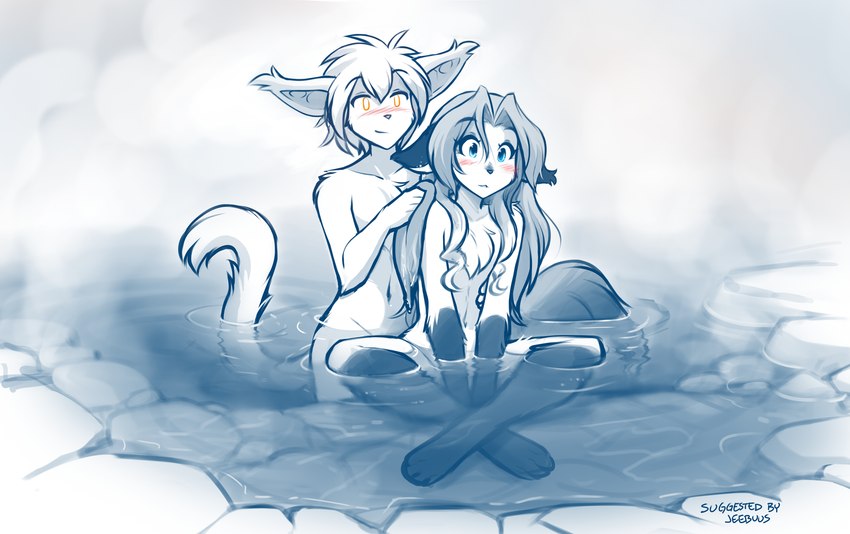 anthro arms_in_water assisted_bathing bathing belly bent_arm bent_legs black_body black_fur blue_eyes blush blush_lines chest_tuft convenient_censorship crossed_legs duo ear_tuft extended_arms eyebrows female femboy fluffy fluffy_tail fur gloves_(marking) hair half_submerged hand_on_another's_shoulder hand_on_shoulder holding_object humanoid_hands leg_markings long_hair male male/female markings navel nude nude_anthro nude_female nude_male partially_submerged personal_grooming red_blush sitting sitting_in_water social_grooming socks_(marking) standing standing_in_water steam submerged_arms submerged_legs submerged_tail tail tail_out_of_water tail_tuft tuft washcloth water wide_hips yellow_eyes conditional_dnp tom_fischbach twokinds keith_keiser laura_(twokinds) basitin canid canine fox keidran mammal red_fox true_fox 2024 adobe_photoshop_(artwork) digital_media_(artwork) hi_res monochrome sketch spot_color