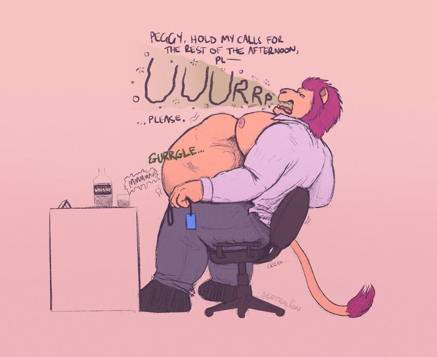 abdominal_bulge anthro anthro_pred belly big_belly duo male male_pred moobs office oral_vore overweight overweight_male solo text vore sertralion canid canine felid lion mammal pantherine absurd_res english_text hi_res