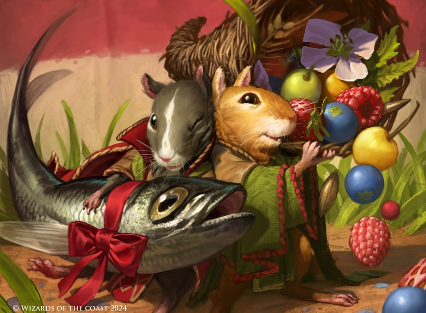 ambiguous_gender anthro berry biped black_eyes bow_ribbon clothing copyright_symbol cornucopia duo feral flower food fruit grass green_clothing grey_body holding_fish holding_food holding_object open_mouth outside plant raspberry seed smile standing strawberry symbol text wheat whiskers white_flower white_text manuel_castanon hasbro magic:_the_gathering wizards_of_the_coast fish gerbil mammal marine murid rodent absurd_res english_text hi_res official_art watermark