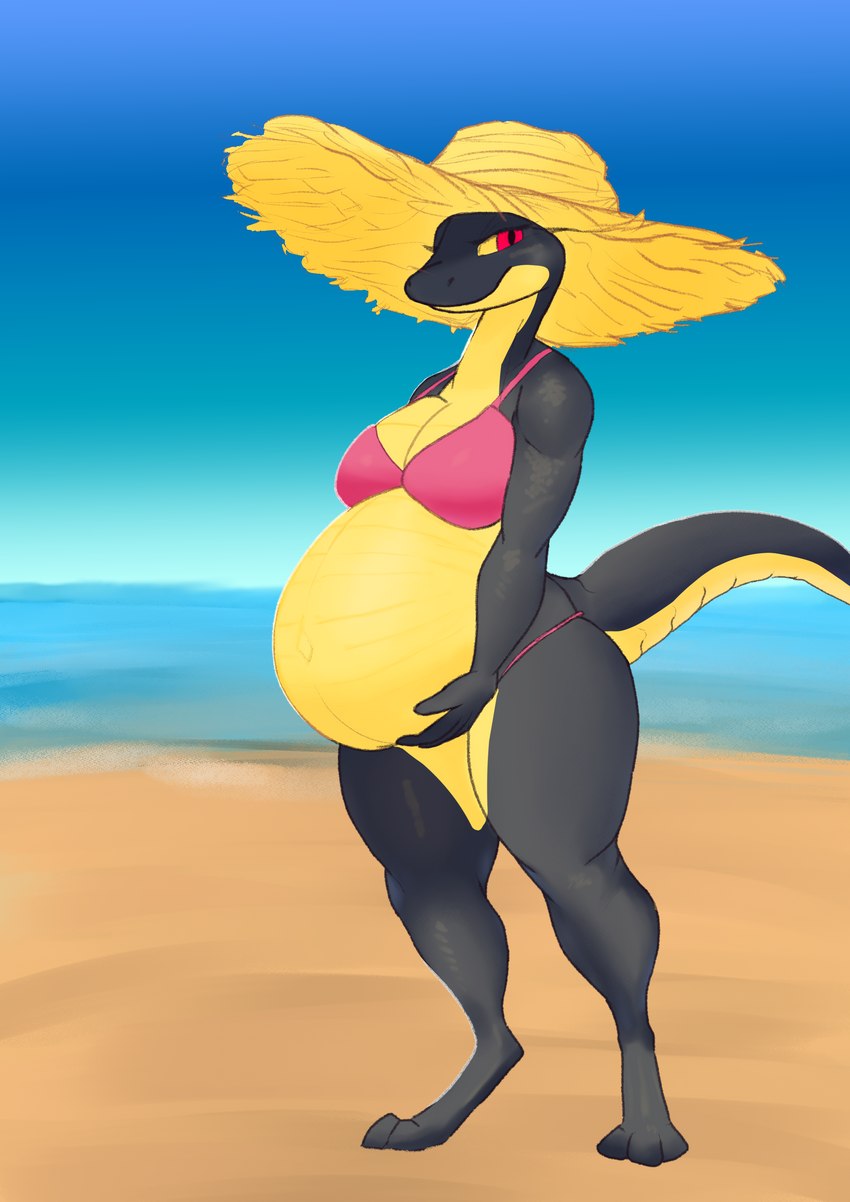 3_toes anthro beach belly big_belly bikini black_body black_scales breasts clothing countershading curvy_figure feet female hat headgear headwear holding_belly outside pink_bikini pink_clothing pink_swimwear pregnant pregnant_anthro pregnant_female red_eyes scales sea seaside smile solo straw_hat sun_hat swimwear tail toes two-piece_swimsuit voluptuous water ineternet reptile scalie snake absurd_res hi_res