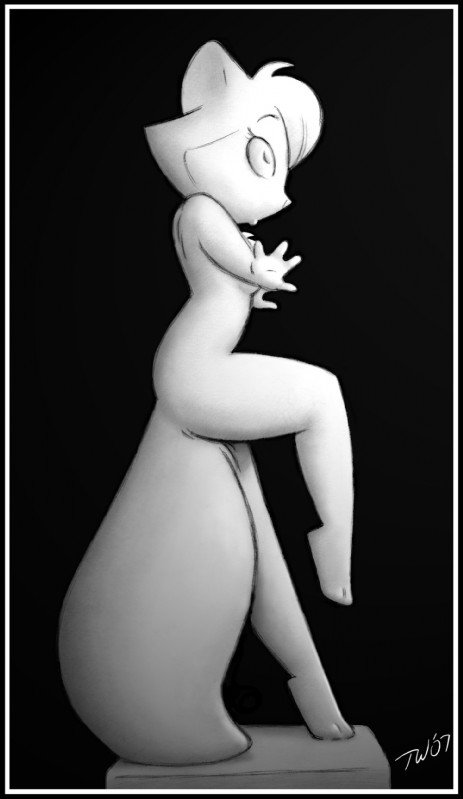 4_fingers anthro black_background border breasts female fingers inanimate_transformation nude petrification sculpture side_view simple_background solo statue surprise transformation white_border year taral_wayne cats_don't_dance warner_brothers sawyer_(cats_don't_dance) domestic_cat felid feline felis mammal 2007 hi_res monochrome signature