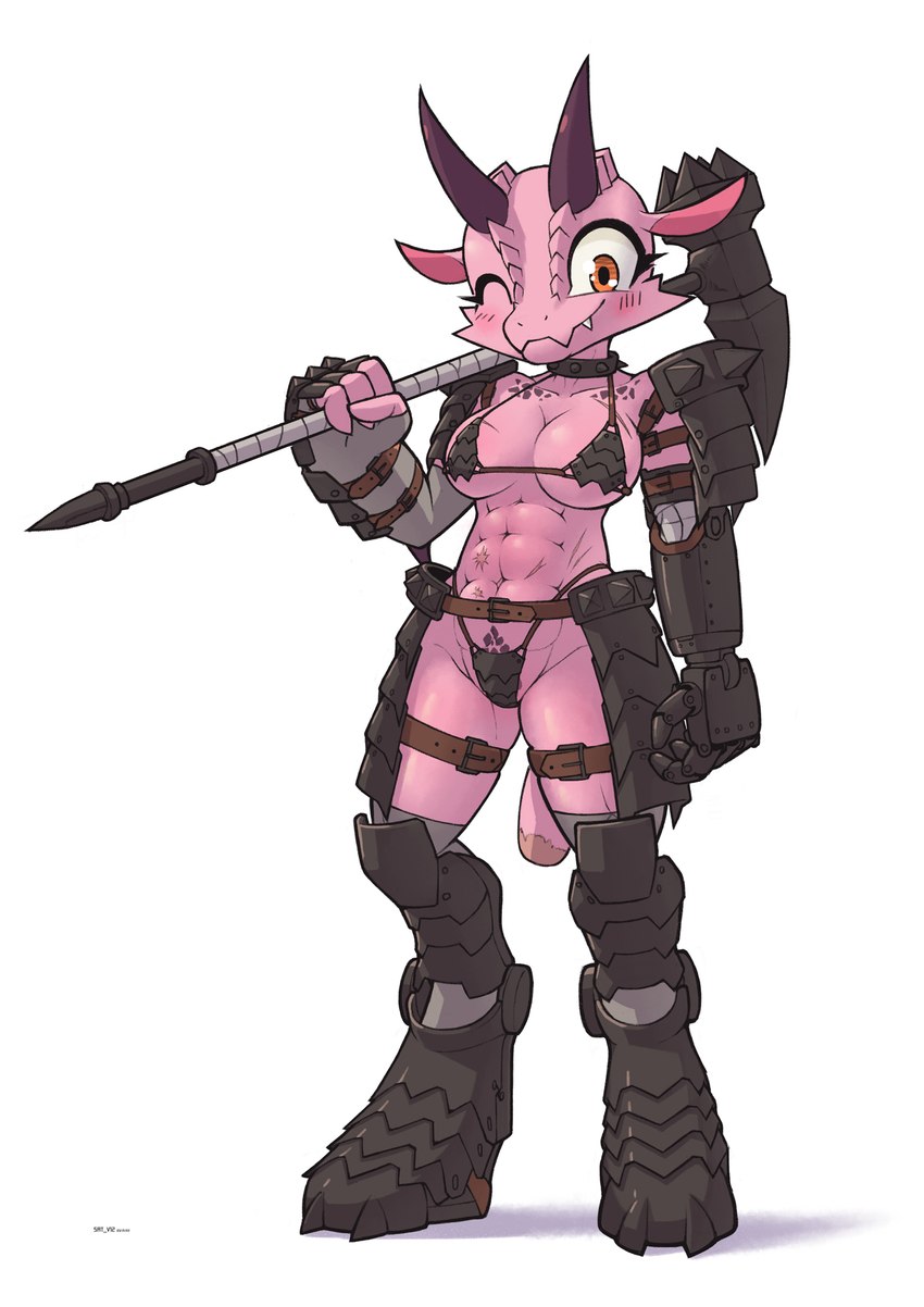 abs anthro armor bikini_armor blush breasts clothed clothing cute_fangs fangs female female_anthro footwear hammer holding_object holding_weapon horn kemono legwear looking_at_viewer melee_weapon muscular muscular_anthro muscular_female one_eye_closed scales scar simple_background skimpy solo teeth tools unconvincing_armor warhammer weapon white_background wink sat_v12 kobold reptile scalie 2023 digital_media_(artwork) full-length_portrait hi_res portrait translated_description