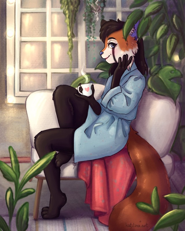 anthro barefoot bathrobe bedding beverage biped blanket chair cheek_tuft clothed clothing coffee_cup container corner_chair crossed_legs cup detailed_background facial_tuft feet female furgonomics furniture gesture heart_symbol holding_container holding_cup holding_object hot_drink inside lights looking_aside looking_at_viewer plant plantigrade purple_eyes raised_finger raised_heel raised_pinky relaxing robe rug side_view sitting snout solo steam tuft window katilina_(artist) kimba_(aesthetic-galaxies) ailurid mammal red_panda 4:5 absurd_res full-length_portrait hi_res portrait