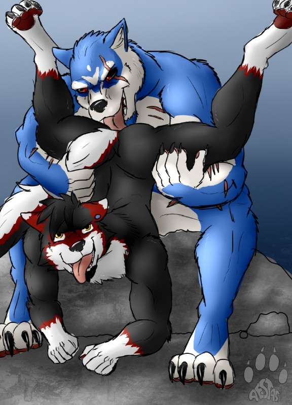 4_toes 5_fingers anal anthro anthro_on_anthro barefoot biped black_body black_fur black_hair black_nose black_sclera black_tail blue_body blue_fur claws duo ear_piercing eye_scar facial_scar feet fingers fur gloves_(marking) gradient_background hair leg_markings looking_at_viewer male male/male markings multicolored_body multicolored_fur multicolored_tail nude open_mouth oral pawpads paws piercing pink_tongue red_body red_eyes red_fur red_pawpads red_tail rimming rock scar sex short_hair simple_background sitting snout socks_(marking) tail tail_grab toe_claws toes tongue tongue_out two_tone_body two_tone_fur upside_down white_body white_fur white_tail yellow_eyes aestas aestas_(character) ulric_blood-moon canid canine canis mammal wolf 2016 digital_media_(artwork) hi_res watermark