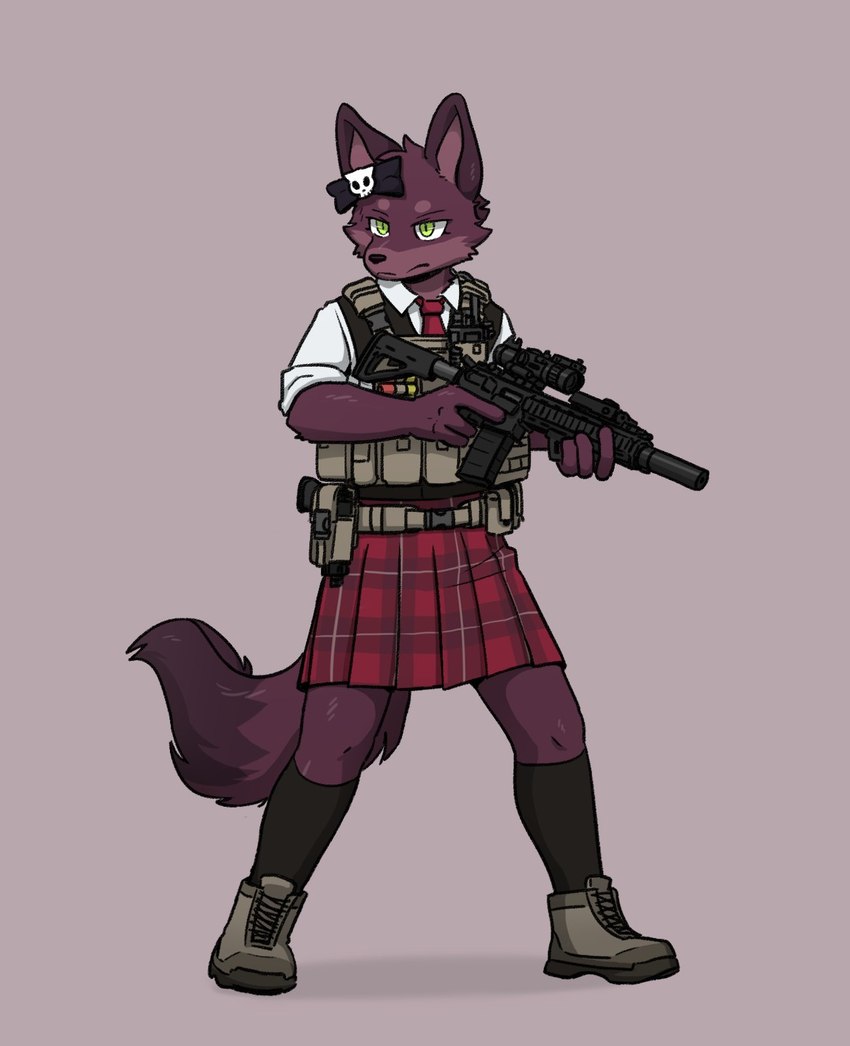 ambiguous_gender anthro assault_rifle bottomwear bow_tie clothing footwear gun necktie ranged_weapon rifle shoes simple_background skirt solo standing topwear vest weapon carbine_wolf pixile_studios super_animal_royale canid canine canis mammal wolf hi_res