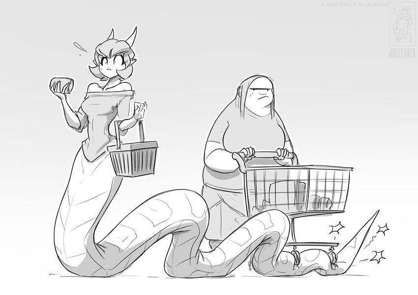 apode bottomless can clothed clothing container duo female frown fully_clothed hair horn legless overweight overweight_female overweight_human pain serpentine shopping shopping_basket shopping_cart split_form star_symbol conditional_dnp jollyjack animal_humanoid draconcopode human humanoid lamia mammal reptile reptile_humanoid scalie scalie_humanoid snake snake_humanoid 2024 greyscale monochrome