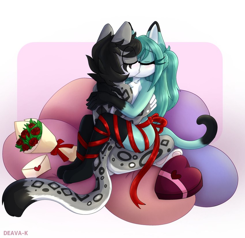 anthro duo female holidays kiss_on_lips kissing love male male/female pillow romantic romantic_ambiance simple_background dxxk sega sonic_the_hedgehog_(series) valentine's_day fan_character domestic_cat felid feline felis mammal pantherine snow_leopard digital_drawing_(artwork) digital_media_(artwork) hi_res shaded soft_shading