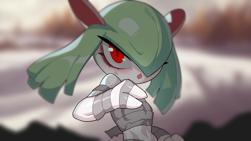 arm_wraps finger_wraps green_hair hair hair_over_eye looking_at_viewer not_furry one_eye_obstructed open_mouth pose pupils red_eyes solo white_body white_skin wraps drunk_oak nintendo pokemon generation_3_pokemon humanoid kirlia pokemon_(species) 16:9 2022 hi_res widescreen