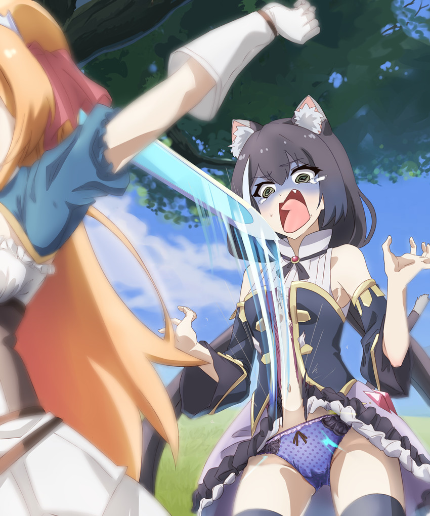 black_body black_fur black_hair breasts clothing duo female fur green_eyes hair long_hair melee_weapon orange_hair simple_background small_breasts sword torn_clothing underwear weapon mashitono_desu cygames princess_connect! princess_connect!_re:dive karyl_(princess_connect!) pecorine_(princess_connect!) animal_humanoid cat_humanoid felid felid_humanoid feline feline_humanoid human humanoid mammal mammal_humanoid 5:6 absurd_res hi_res