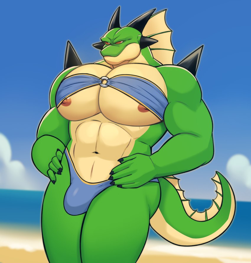 5_fingers anthro beach big_bulge big_pecs bikini bikini_thong bikini_top black_nails bulge clothing colored_nails db_male_characters_bikini_meme dorsal_frill fingers frill_(anatomy) green_body green_scales hands_on_hips horn looking_at_viewer male multicolored_body multicolored_scales muscular nails navel nipple_slip nipples outside pecs red_eyes scales sharp_nails solo swimwear tail tail_frill two-piece_swimsuit two_tone_body two_tone_scales elfein dragon_ball dragon_ball_z mythology porunga dragon mythological_creature mythological_scalie scalie 2024 digital_drawing_(artwork) digital_media_(artwork) hi_res