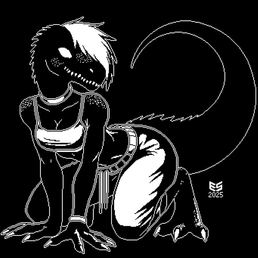 3_toes all_fours anthro bottomwear breasts choker claws cleavage clothed clothing drawstring drawstring_bottomwear feet female freckled_face freckled_shoulders freckles jewelry midriff necklace non-mammal_breasts pants simple_background solo sweatpants tail toe_claws toes ezeeshady dinosaur dromaeosaurid prehistoric_species reptile scalie theropod 1:1 2025 black_and_white digital_media_(artwork) monochrome pixel_(artwork)