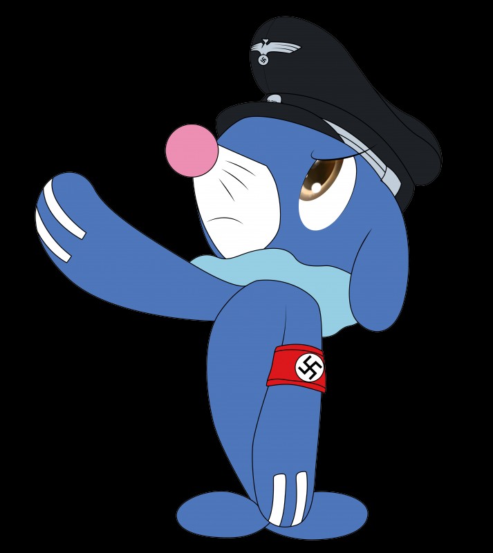 ambiguous_gender armband biped blue_body blue_skin brown_eyes clothing frown gesture hat headgear headwear mostly_nude nazi nazi_armband nazi_salute peaked_cap pink_nose salute schutzstaffel simple_background solo standing swastika toony totenkopf transparent_background an-m nintendo pokemon generation_7_pokemon mammal pokemon_(species) popplio absurd_res alpha_channel hi_res